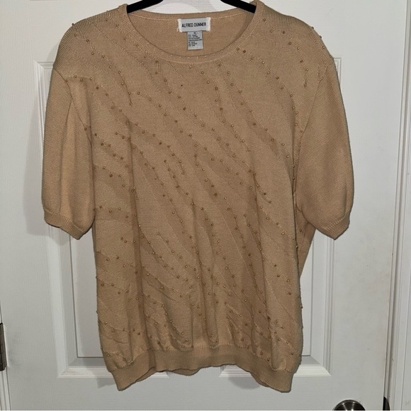 Alfred Dunner Sweaters - Alfred Dunner Womens XL Tan Beaded Knit Short Sleeve Sweater Ramie Cotton Blend